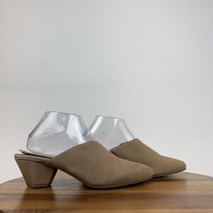 Womens Eileen Fisher Jive Beige Nubuck Slip On Kitten Heeled Mules Shoes Size 9